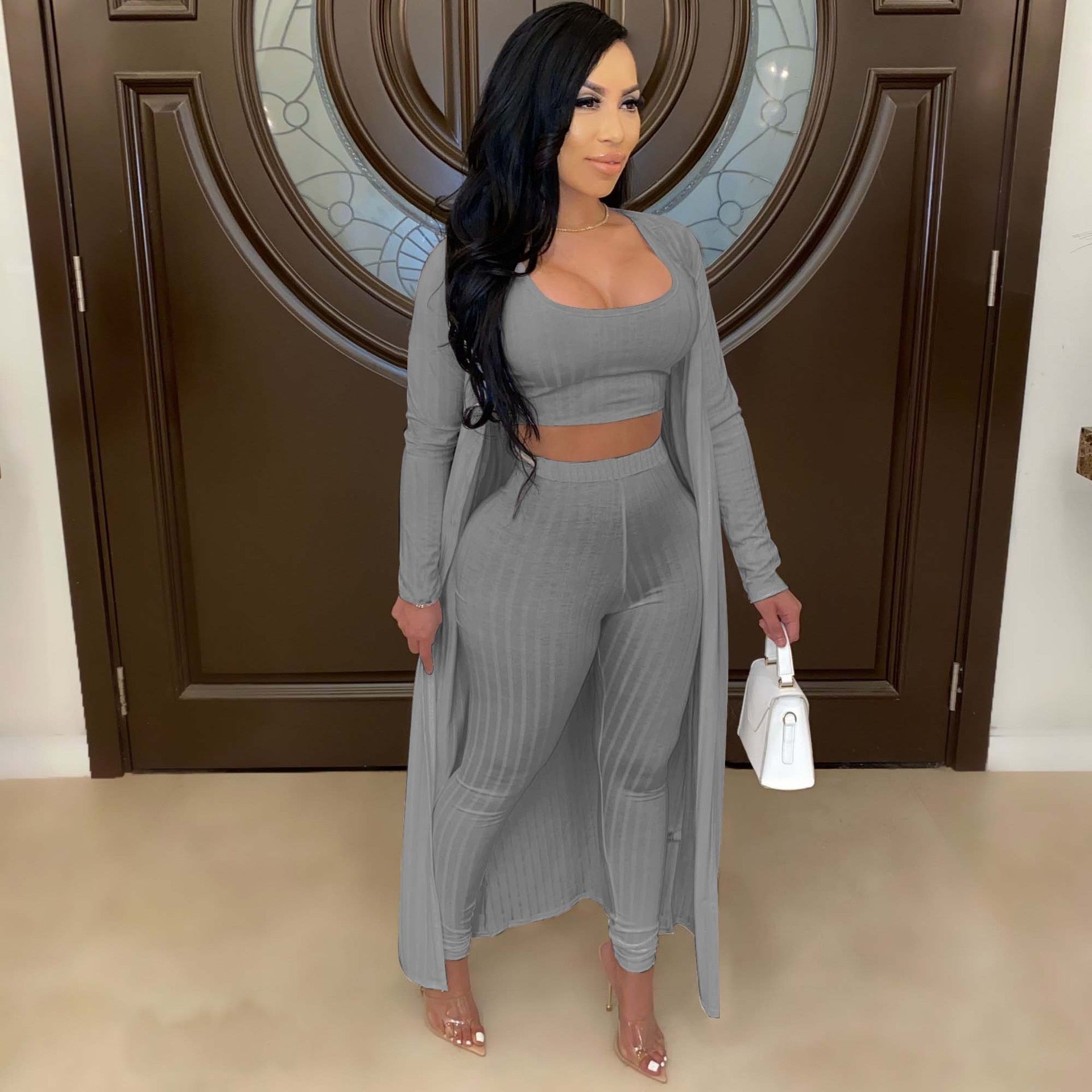 Women's Crop Top, Leggings and Long Cardigan Set
