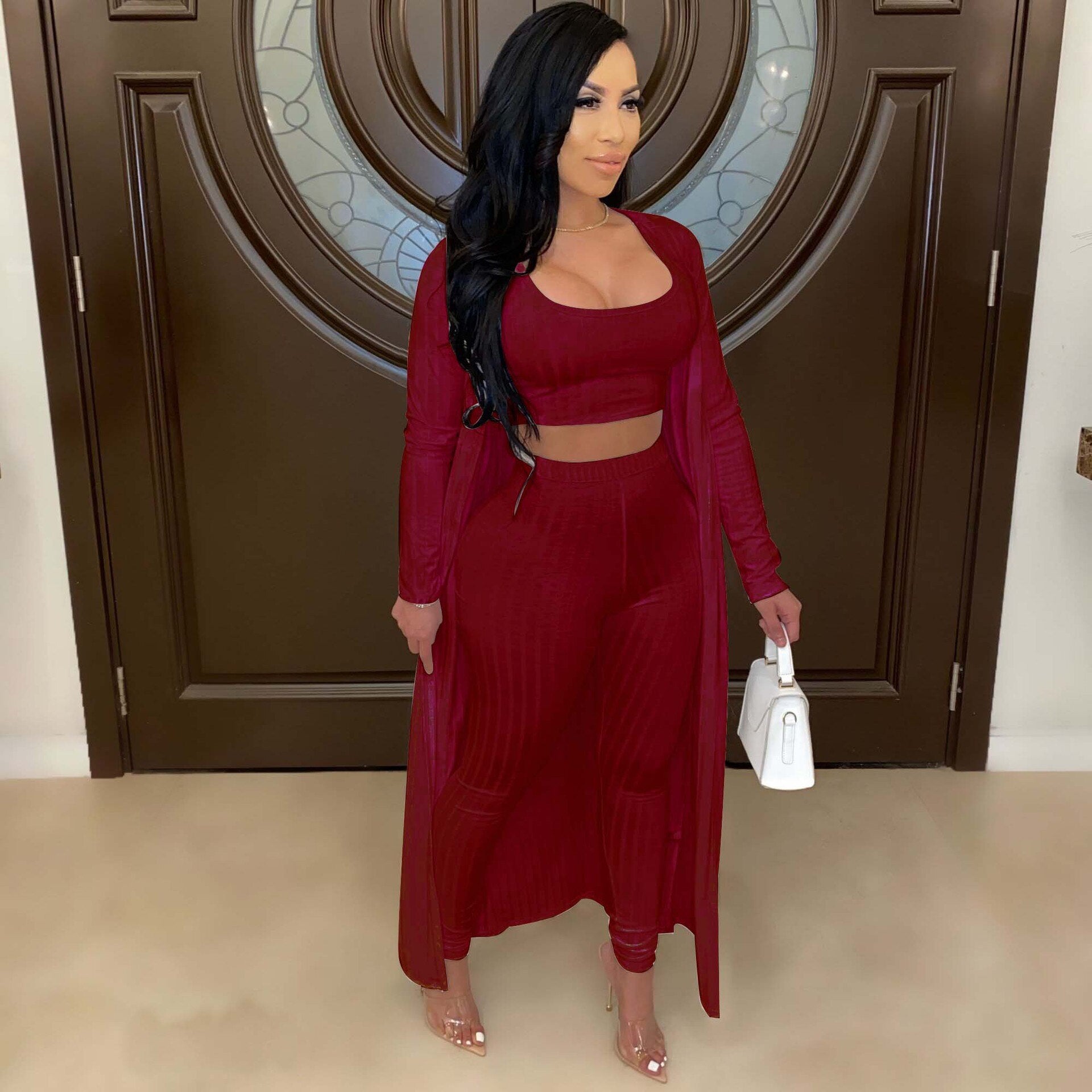 Women's Crop Top, Leggings and Long Cardigan Set
